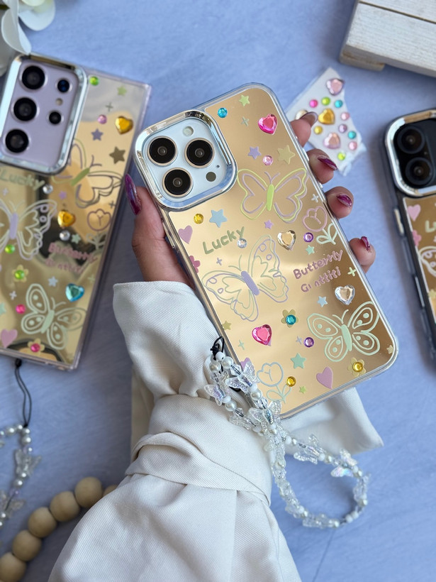 قاب کاور گارد نقاشی پروانه آینه ای با آویز آیفون آیفون13 / آیفون 13 / iphone13 / iphone 13